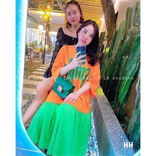 Đầm Sông Fom Rộng Cam Phối Lá Thun Thái