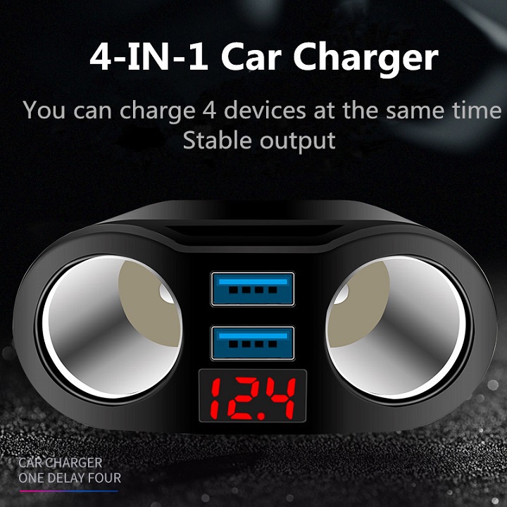 Tẩu sạc ô tô chia 2 tẩu 2 usb có màn hình hiển thị điện áp