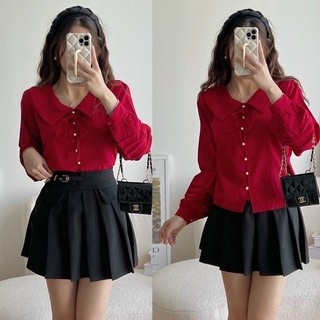 Áo somi kiểu khuy ngọc thắt nơ cổ nhiều màu