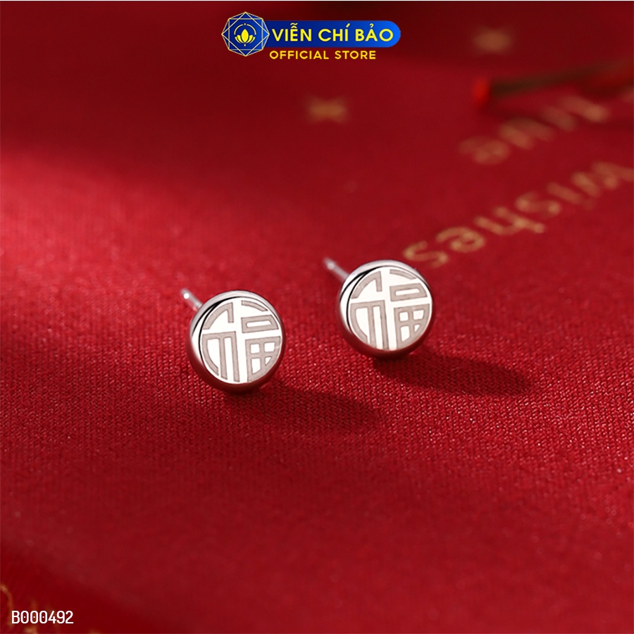 Bông tai chữ Phúc tròn chốt vặn chất liệu bạc Thái 925 thời trang phụ kiện trang sức nữ Viễn Chí Bảo B000492