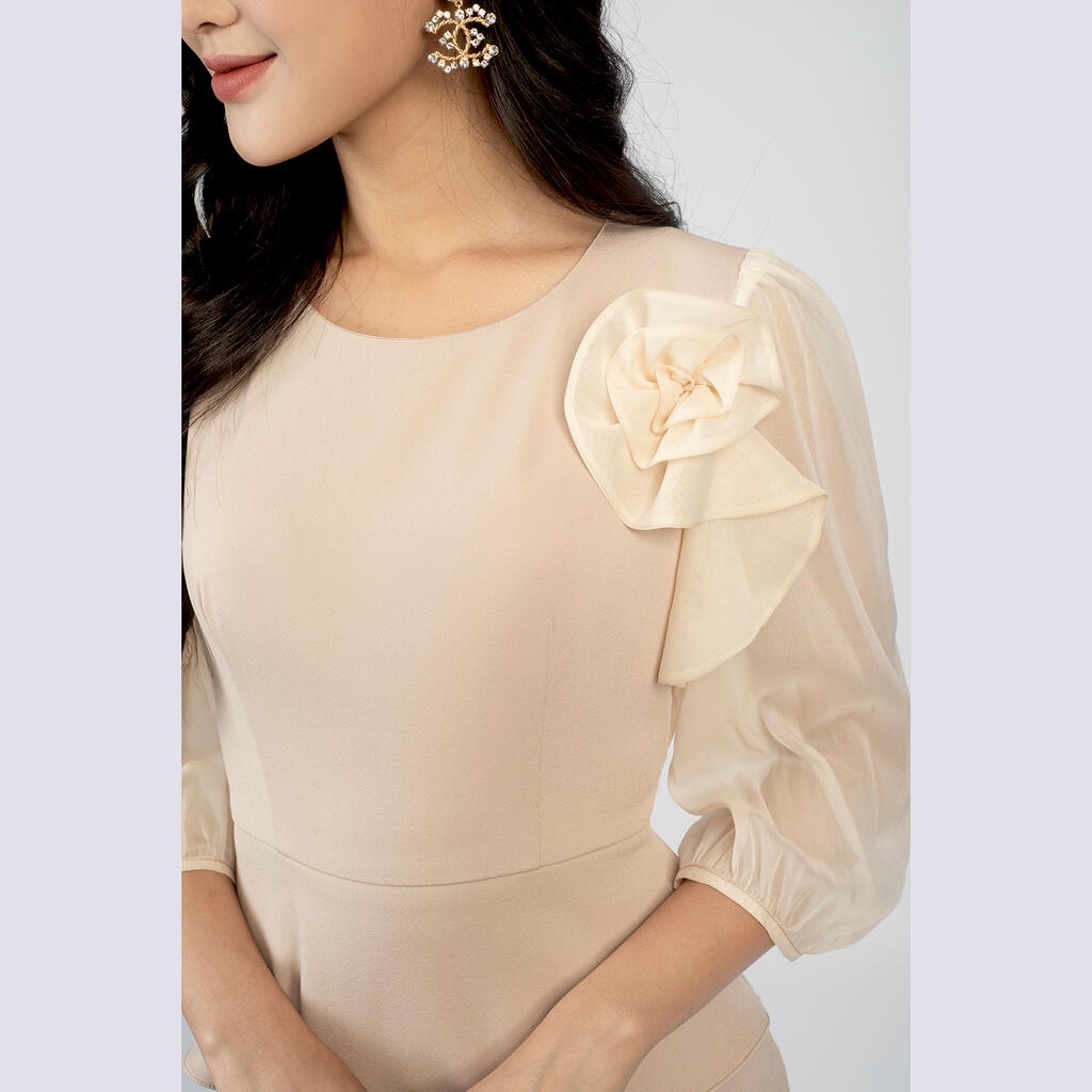 Đầm dáng bút chì, tà peplum, tay dài phối voan MMOutfit DA0222435