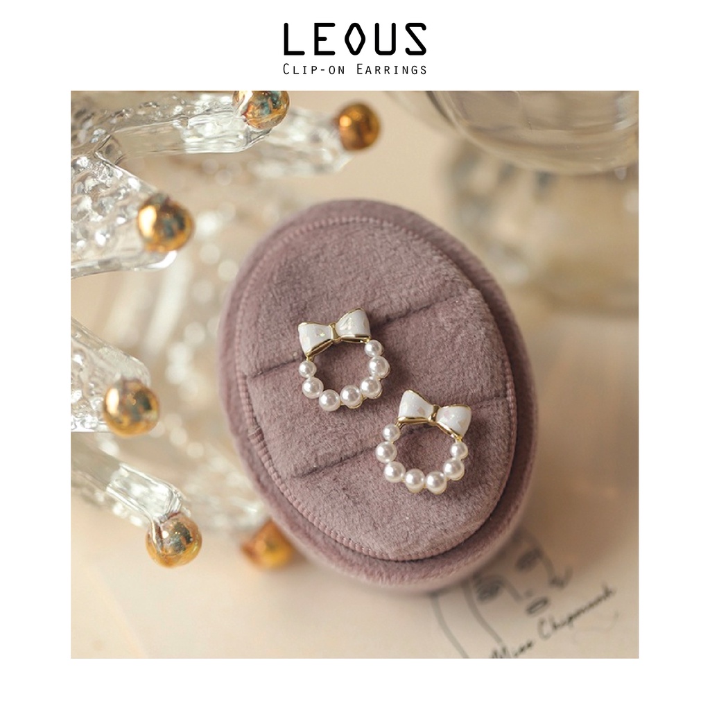 Khuyên tai kẹp không bấm lỗ chốt cố định K304 bằng hợp kim mạ vàng hình tròn đính nơ hạt trai dáng ngắn Leous