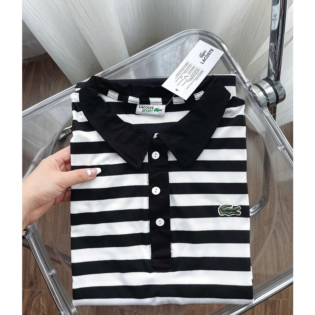 Váy polo nữ đầm cổ bẻ lacos kẻ ngang chất polo zip ôm eo tôn dáng hàng xuất dư cao cấp