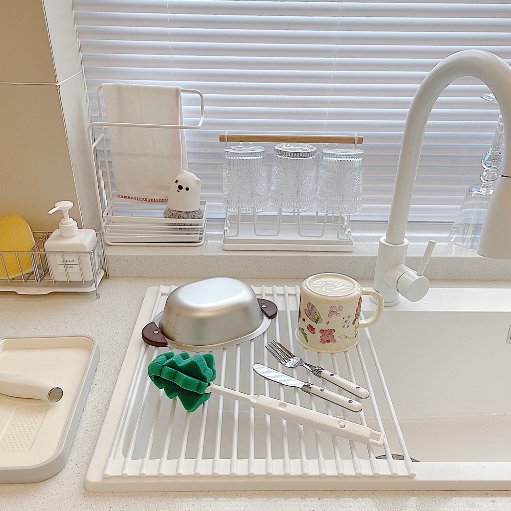 Giá gác bồn rửa bát cao cấp, tấm mành silicone màu trắng gác bồn rửa chén bát đa năng