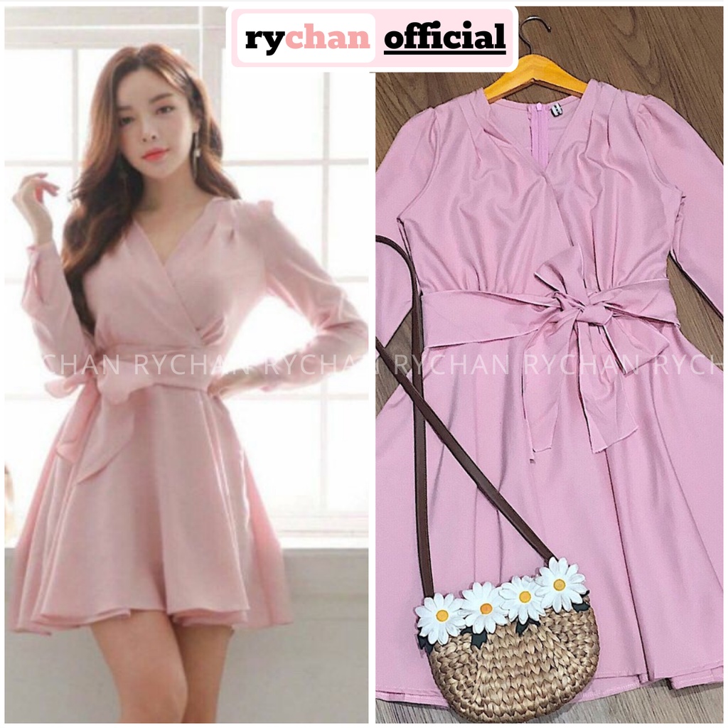 [ẢNH THẬT CUỐI] DX698 - Đầm Xòe Hồng Tay Dài Đắp Chéo Cột Eo