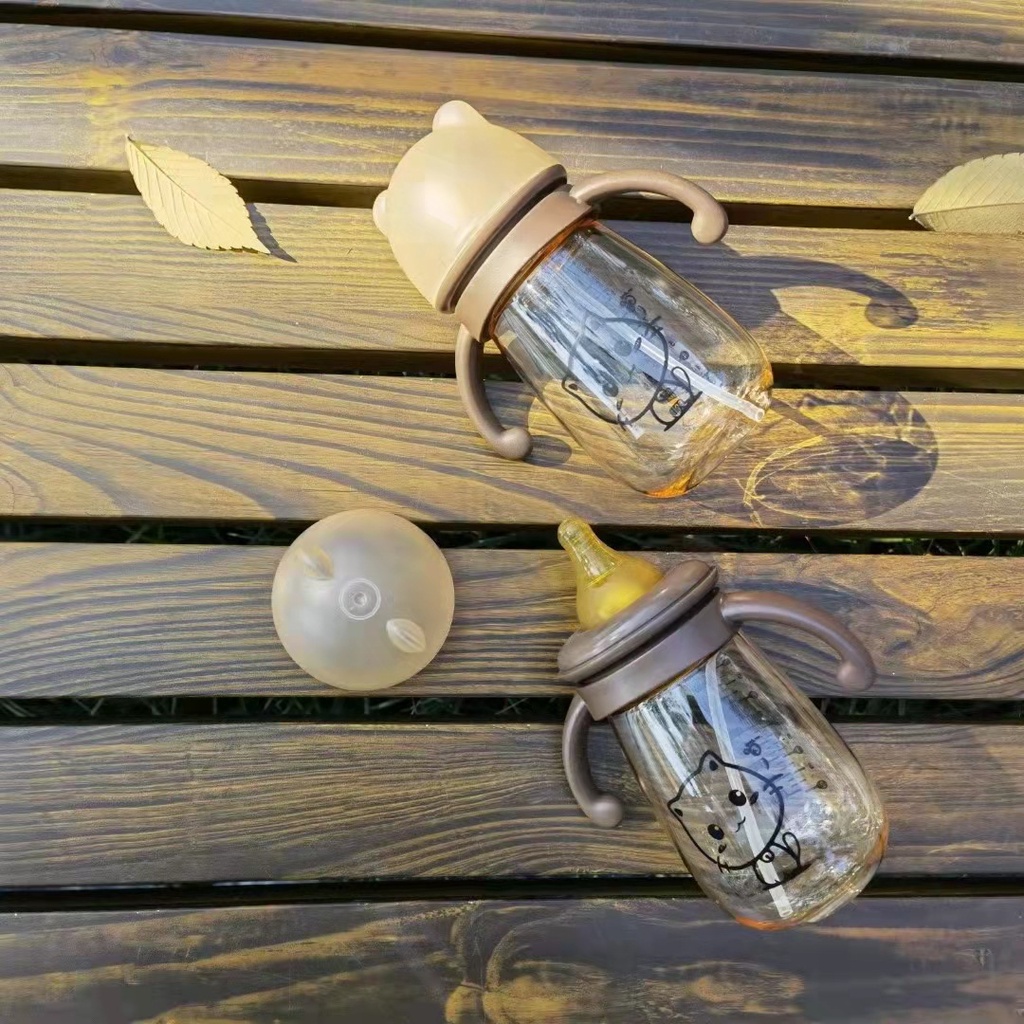 Bình sữa hình MÈO cổ rộng 240/300ml kèm tay cầm van chống sặc cho bé