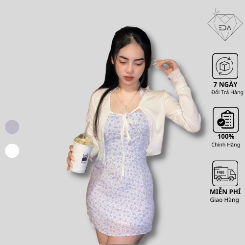 - Đầm Nữ Dáng Chữ A Hoa Nhí Cực Cute , Combo Áo Khoác Len Tằm Mịn Crotop