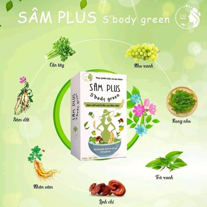 Kẹo huỷ mỡ Sâm Plus S' Body Green giữ dáng, đẹp da. Hộp 30 viên tặng kèm 15 gói trà