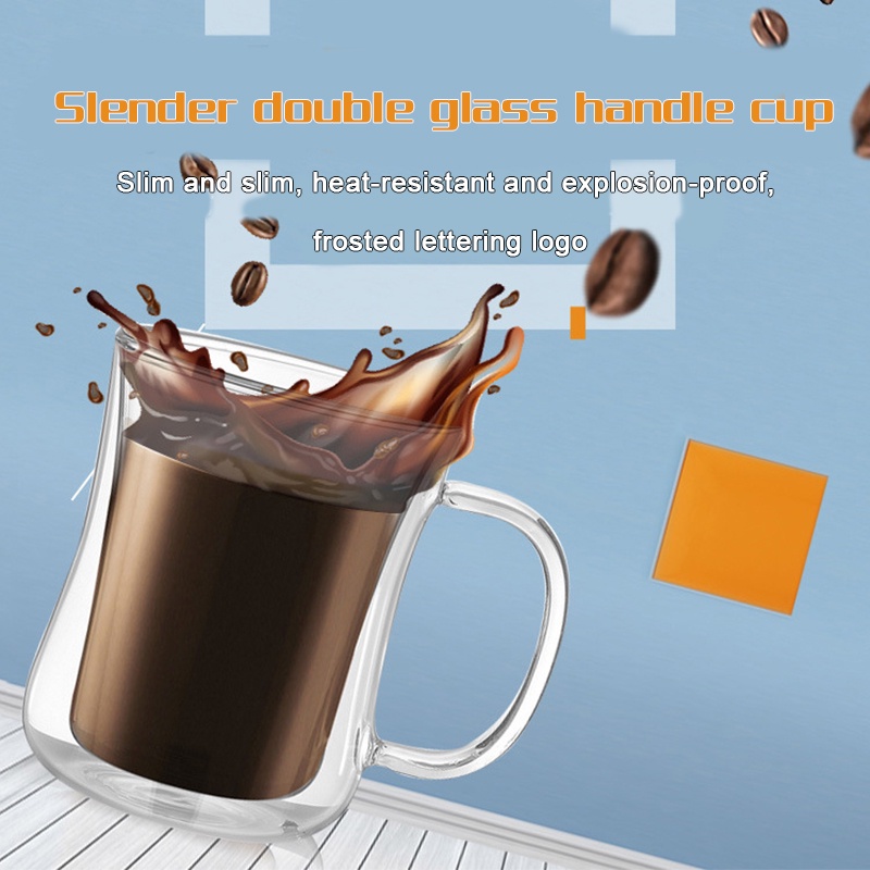 (có thể khắc logo) Cốc cà phê thủy tinh hai lớp 220ML có tay cầm, cốc nước chống bỏng, cốc trà chịu nhiệt, cốc nước trái cây, cốc nước giải khát, cốc thủy tinh borosilicate cao, quà tặng sinh nhật