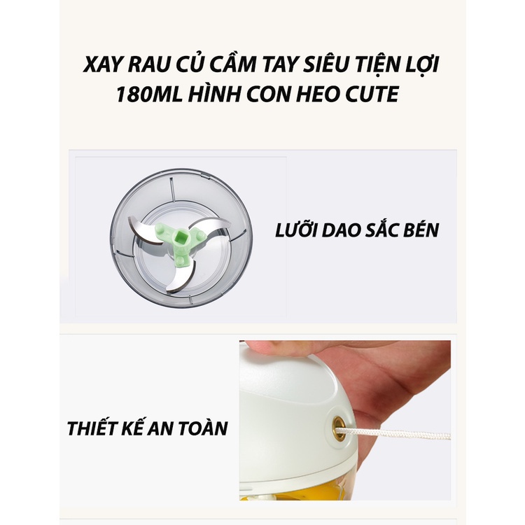 Máy xay tỏi ớt, máy xay mini kéo tay hình heo đa năng kéo dây tiện lợi