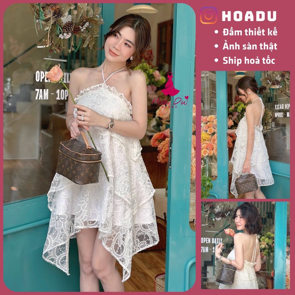 Hàng chuẩn Váy cổ yếm Ren xếp tầng lót voan trắng mềm, dáng tiểu thư