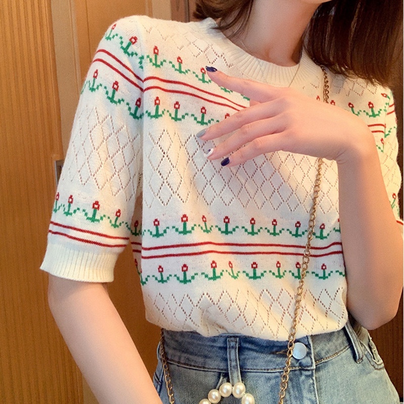 Áo Thun Dệt Kim Tay Ngắn Cổ Tròn Thiết Kế Đục Lỗ Thời Trang Mùa Hè Xinh Xắn Cho Nữ