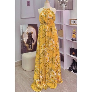 gv76- đầm maxi hoa vàng hở lưng