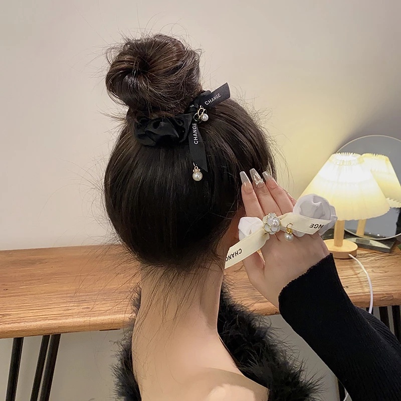 Dây Cột Tóc Cao Su Co Giãn Đính Hoa Trà Và Ngọc Trai Đơn Giản Thanh Lịch Phong Cách Hàn Quốc