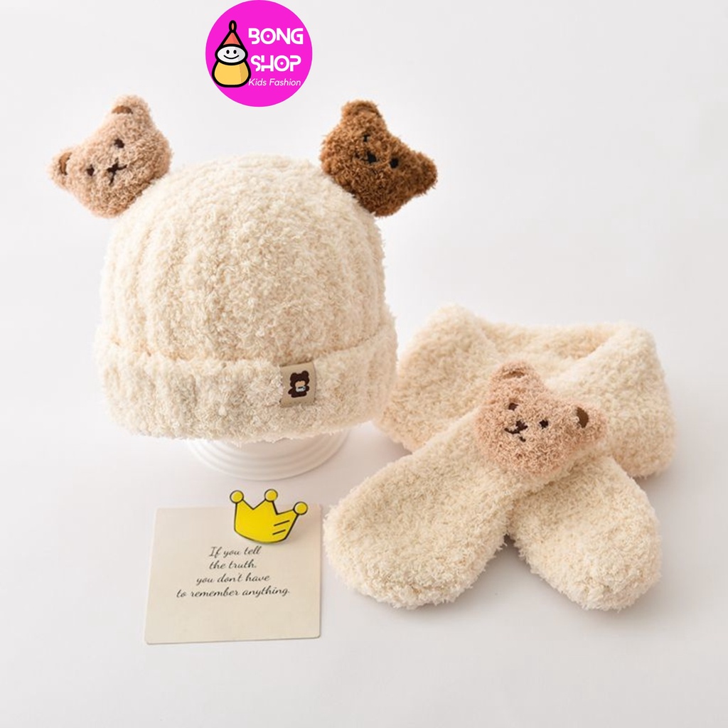 Set mũ và khăn quàng cổ len hình gấu dành cho bé trai bé gái 1 - 3T  mùa đông ấm áp