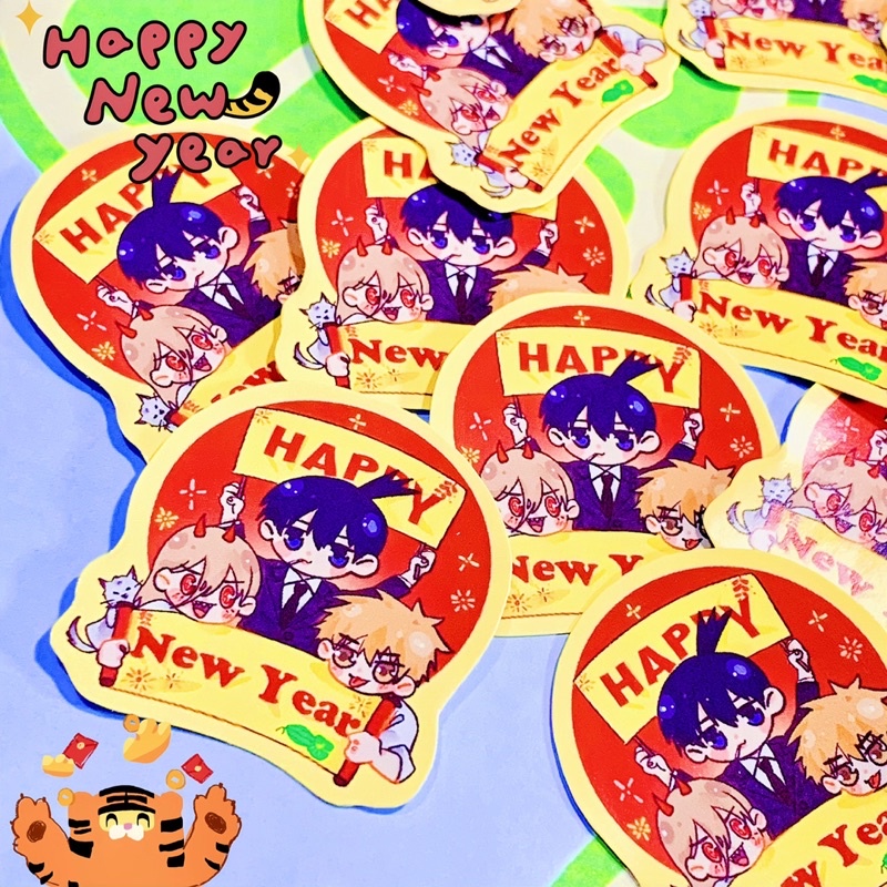 Sticker anime Chainsaw Man Happy New Year / Chúc Mừng Năm Mới/ Hình dán Anime trang trí/ Miếng dán Chainsaw Man