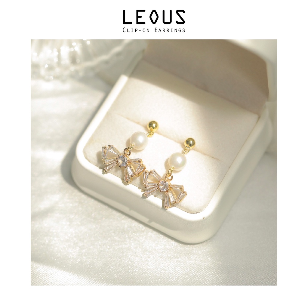 Khuyên tai kẹp không bấm lỗ chốt điều chỉnh K316 bằng hợp kim mạ vàng hình nơ đính hạt trai dáng midi Leous