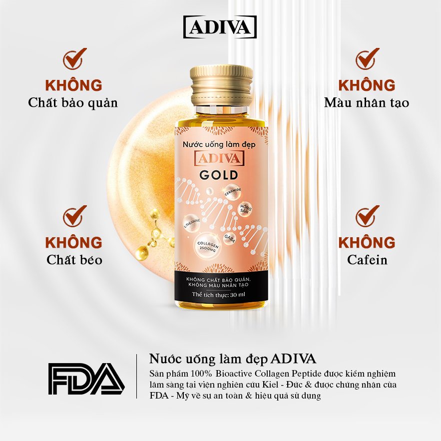 Combo 2 Hộp Nước Uống Làm Đẹp Collagen ADIVA Gold (14 Chai/Hộp) + 1 Hộp Nghệ Micell ADIVA 30 Viên
