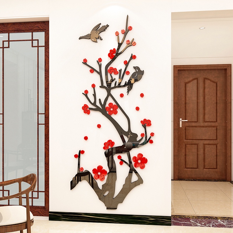 Trung Quốc Mới Phong Cách Hoa Mai Chim Giấy Dán Tường 3D Acrylic Ba Chiều Dán Tường Trang Trí Phòng Khách Hiên Tranh Mica
