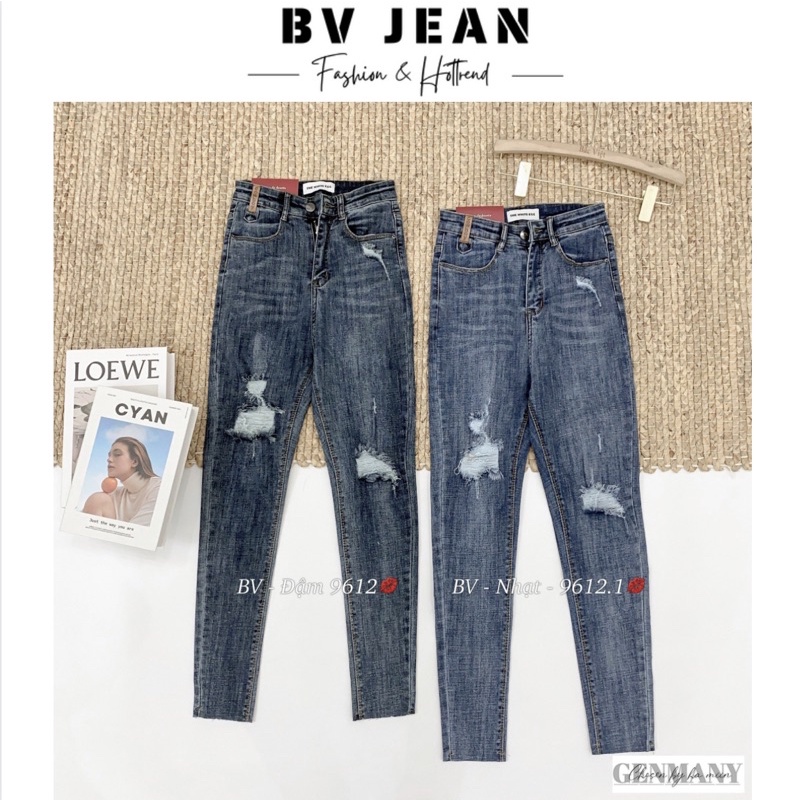Quần Jean Ôm Nữ Cạp Cao Rách Xước Gối 2 Màu BV JEAN Quần Ôm Nữ Lưng Cao