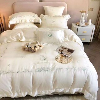 Bộ chăn ga gối Tencel 100s hoa trắng thêu cao cấp