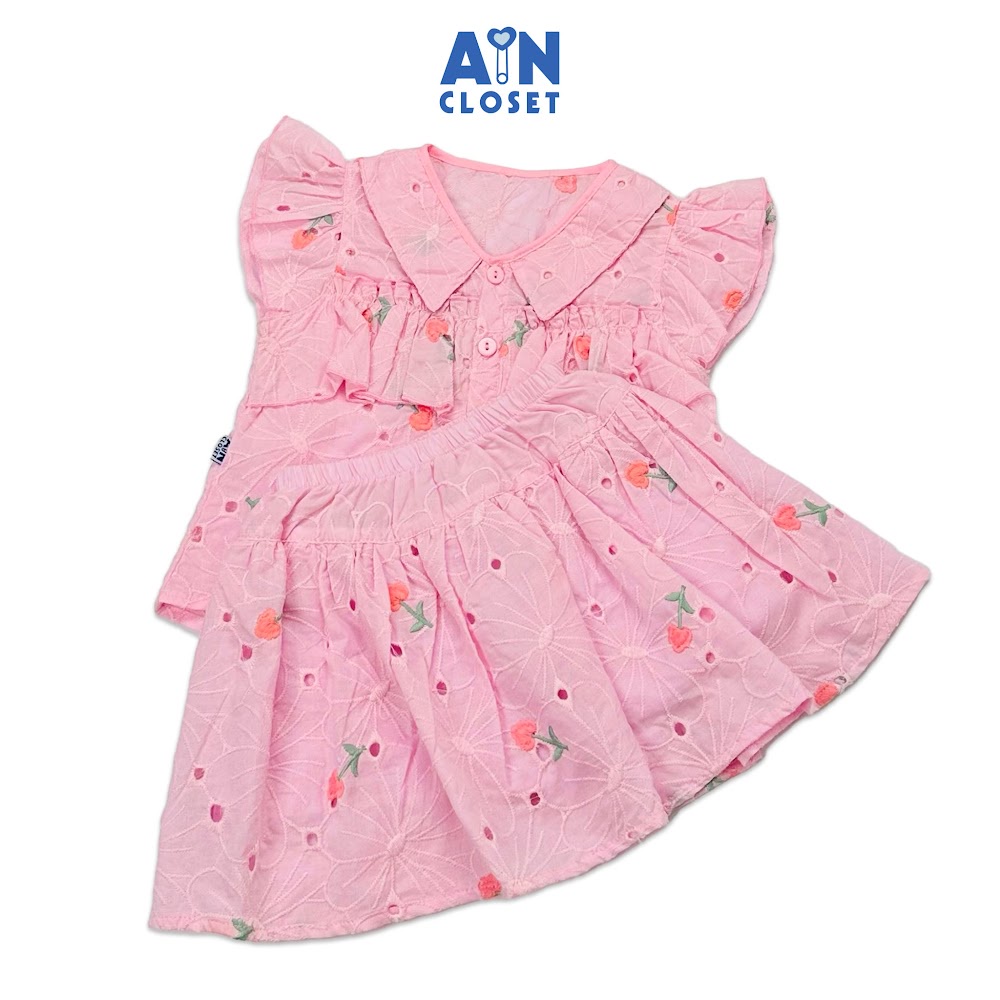 Bộ áo váy ngắn bé gái họa tiết Hồng Thêu cotton boi - AICDBGCAKEI2 - AIN Closet