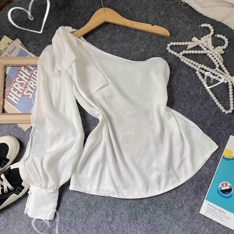 Áo lệch vai phối nơ tay dài A624