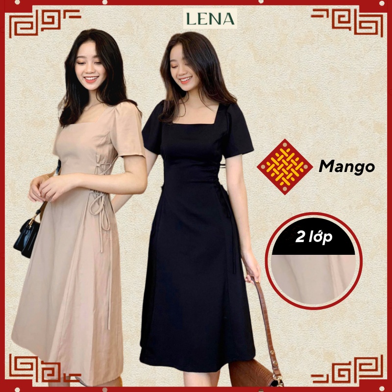 Váy cổ vuông dự tiệc dáng xòe tay phồng 2 lớp có dây rút eo - Đầm dài dự tiệc dáng xòe LENA trẻ trung xinh đẹp D2070