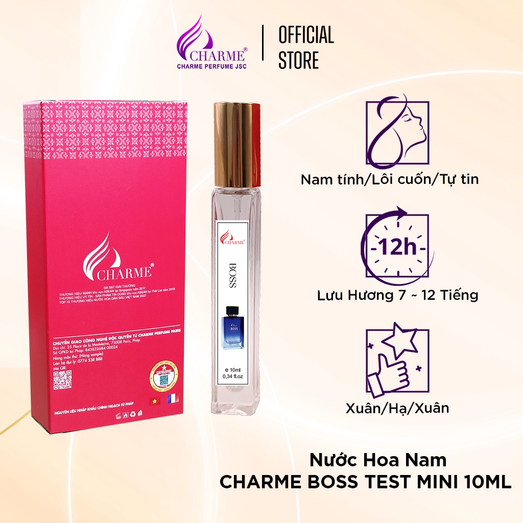 Nước hoa nam cao cấp, Charme Boss, chai Test mini, hương thơm mạnh mẽ, lưu hương lâu 10ml