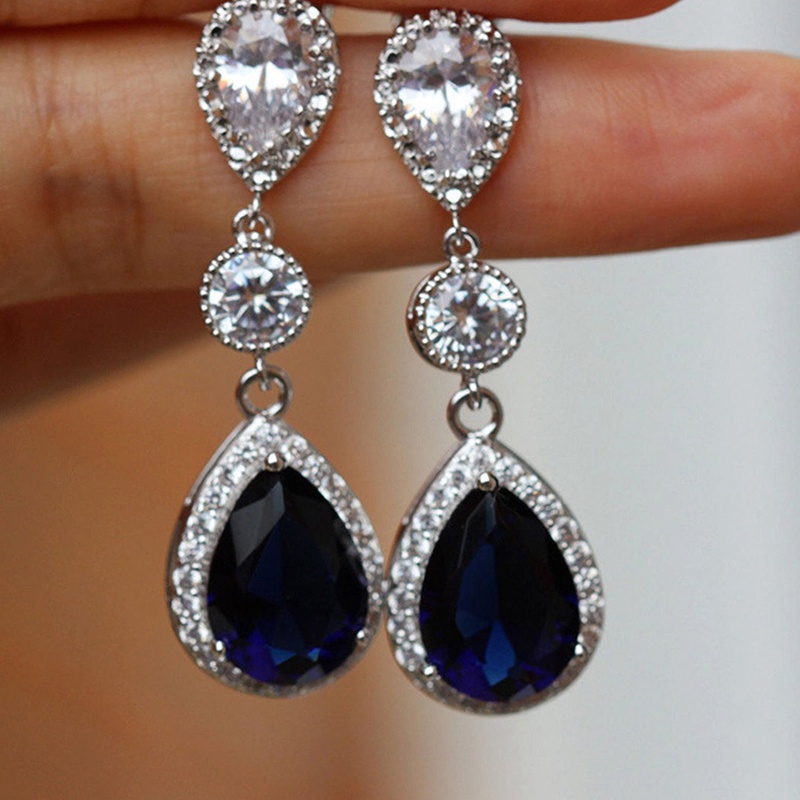 Fancyqube Bông Tai Dáng Dài Đính Đá Zircon Màu Xanh Dương Sang Trọng Thời Trang Dự Tiệc Cưới Cho Nữ