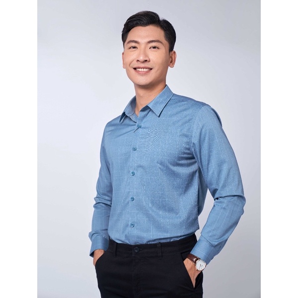 Áo sơ mi owen dài tay màu xanh caro slim fit vải sợi tre AS220834D