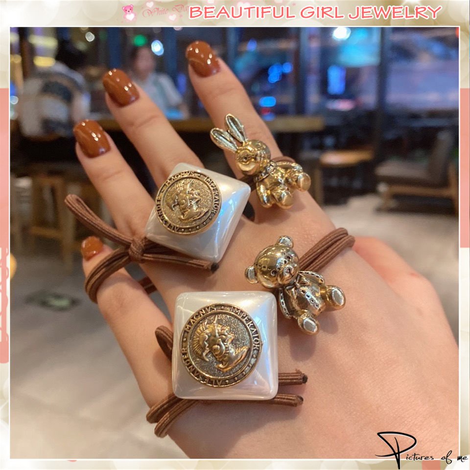 Dây buộc tóc đàn hồi đính chú gấu/ thỏ ngọc trai nhân tạo thời trang dành cho nữ