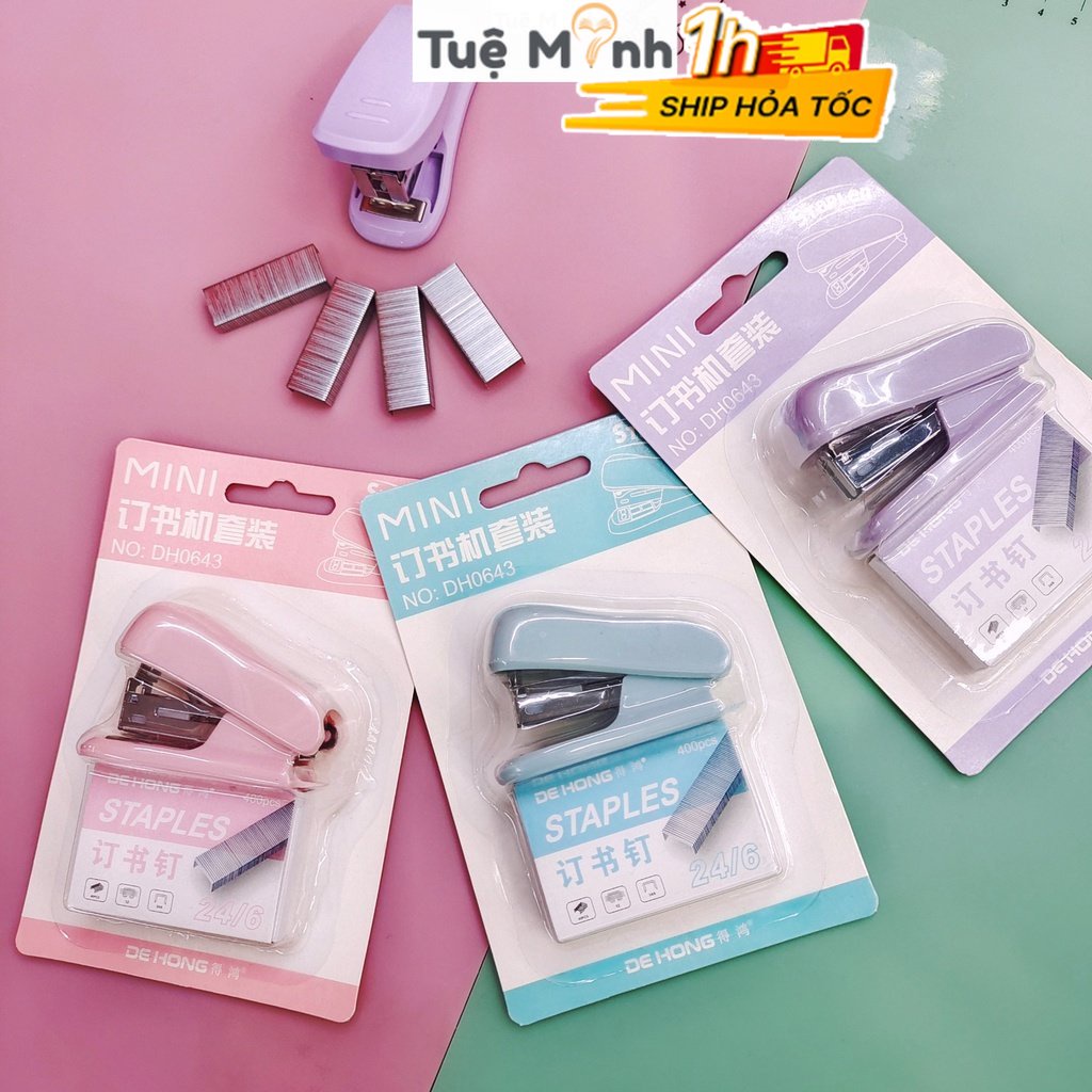 Dập ghim mini Pastel K72 kèm 400 đạn ghim sẵn VPP Tuệ Minh, đồ bấm kim giấy kẹp ghim tiện lợi