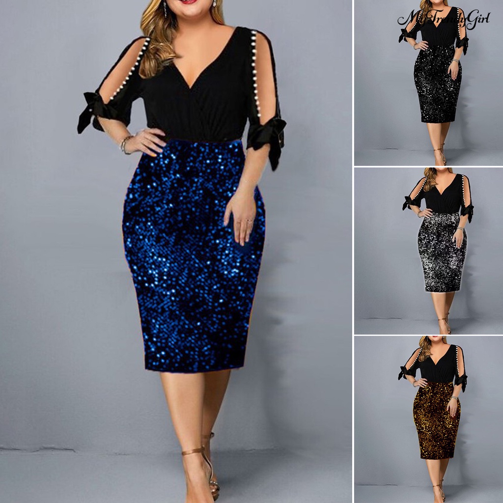 Đầm Ôm Dáng Tay Lửng Cổ Chữ V Thắt Nơ Đính Hạt Lấp Lánh Plus Size Thanh Lịch Quyến Rũ Cho Nữ