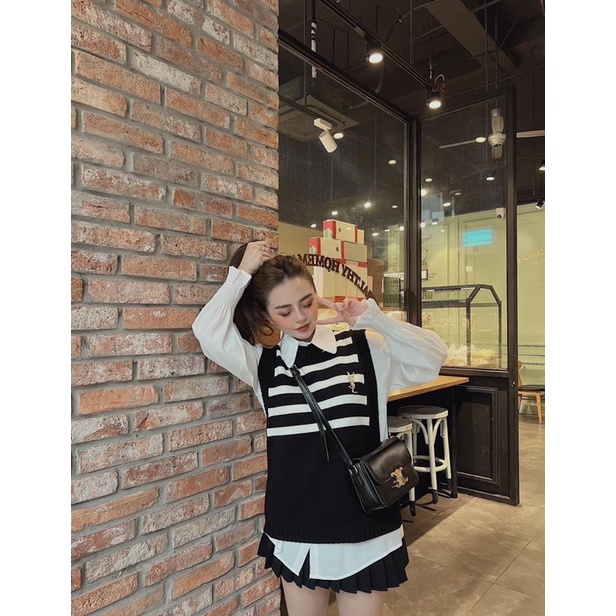 ÁO LEN GILE KẺ TẶNG KÈM TAG ĐEN TRẮNG