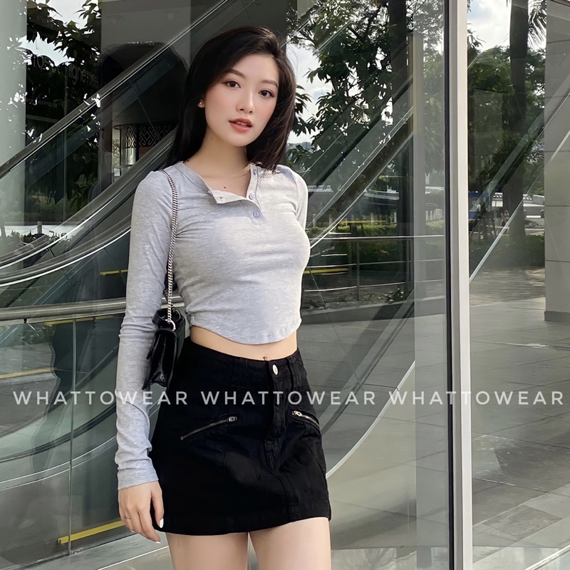 Chân váy ZIP denim màu Kaki/Kem/Den cạp hạ có quần bảo hộ khoá kéo giả