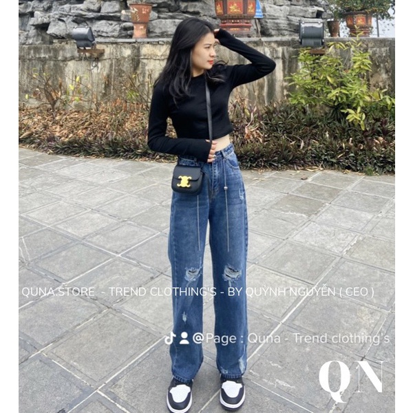 Quần jeans ống xuông rách kèm dây đai cá tính M6829