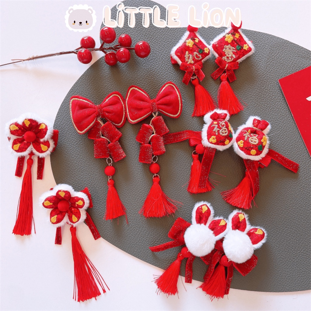 Kẹp Tóc Bông Hoa Màu Đỏ Lấp Lánh Phong Cách Trung Hoa Dễ Thương Cho Bé Gái Dịp Lễ Tết Năm Mới