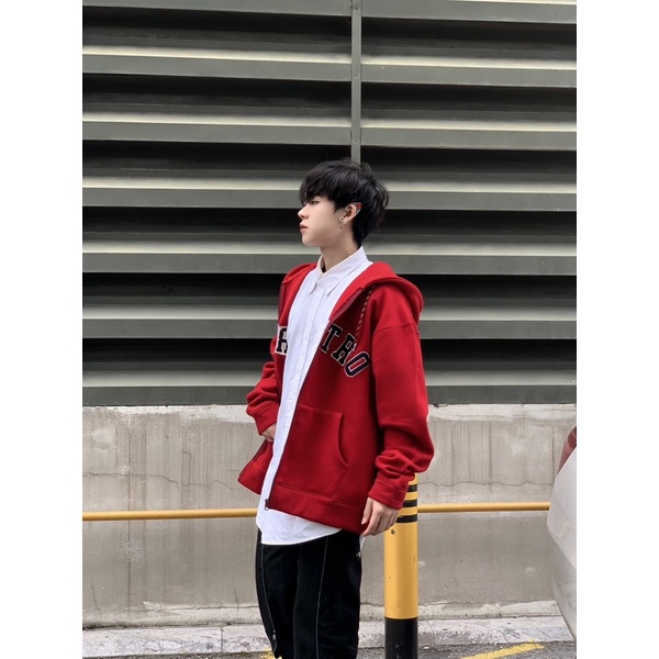 Áo hoodie zip 52RETRO thêu xù đỏ đô nỉ bông cotton