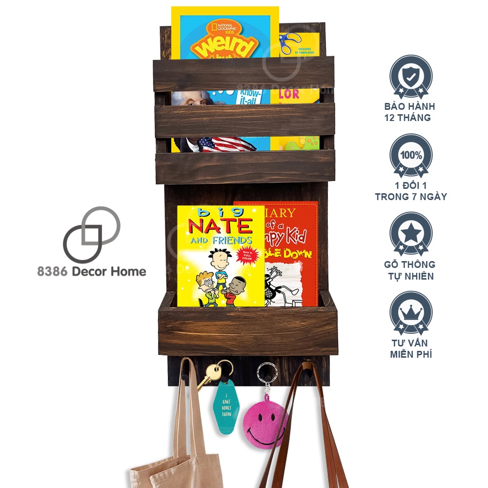 Kệ sách báo brochure, tờ rơi treo tường, kèm Móc Treo Quần Áo, phụ kiện màu nâu rustic (Gỗ Thông sơn màu gốc nước)