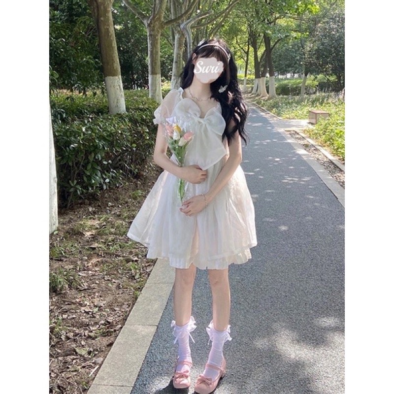 Đầm loli thắt nơ dáng ngắn 2 lớp dễ thương ☁️