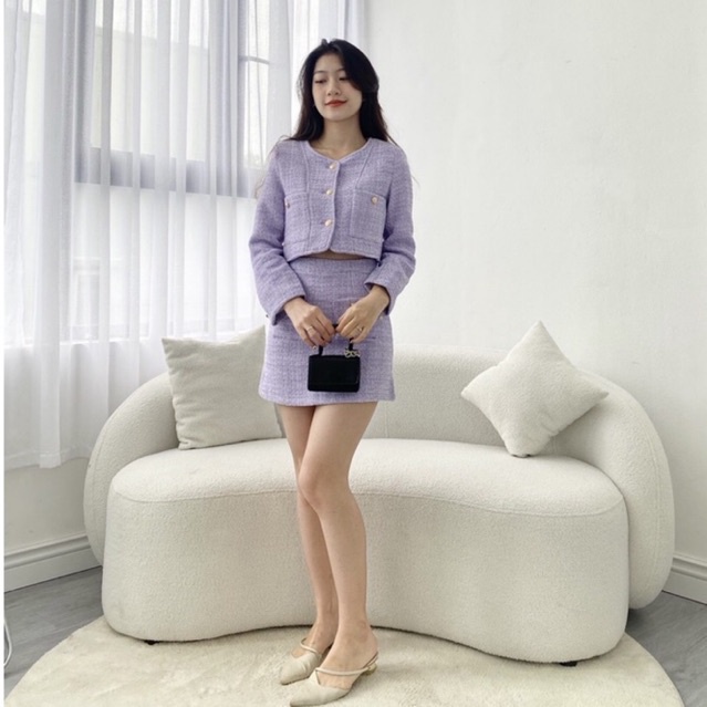 Set áo và chân váy dạ tweed chất đẹp màu tím khoai môn