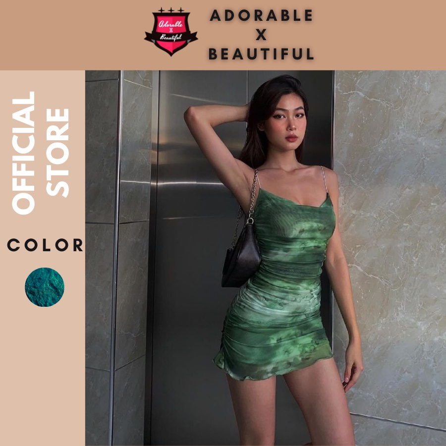 Đầm Body Hai Dây Họa Tiết Loang Xanh Ngọc, Váy 2 Dây Dự Tiệc Emerald Ôm Body Sang Trọng [AdorablexBeautiful]