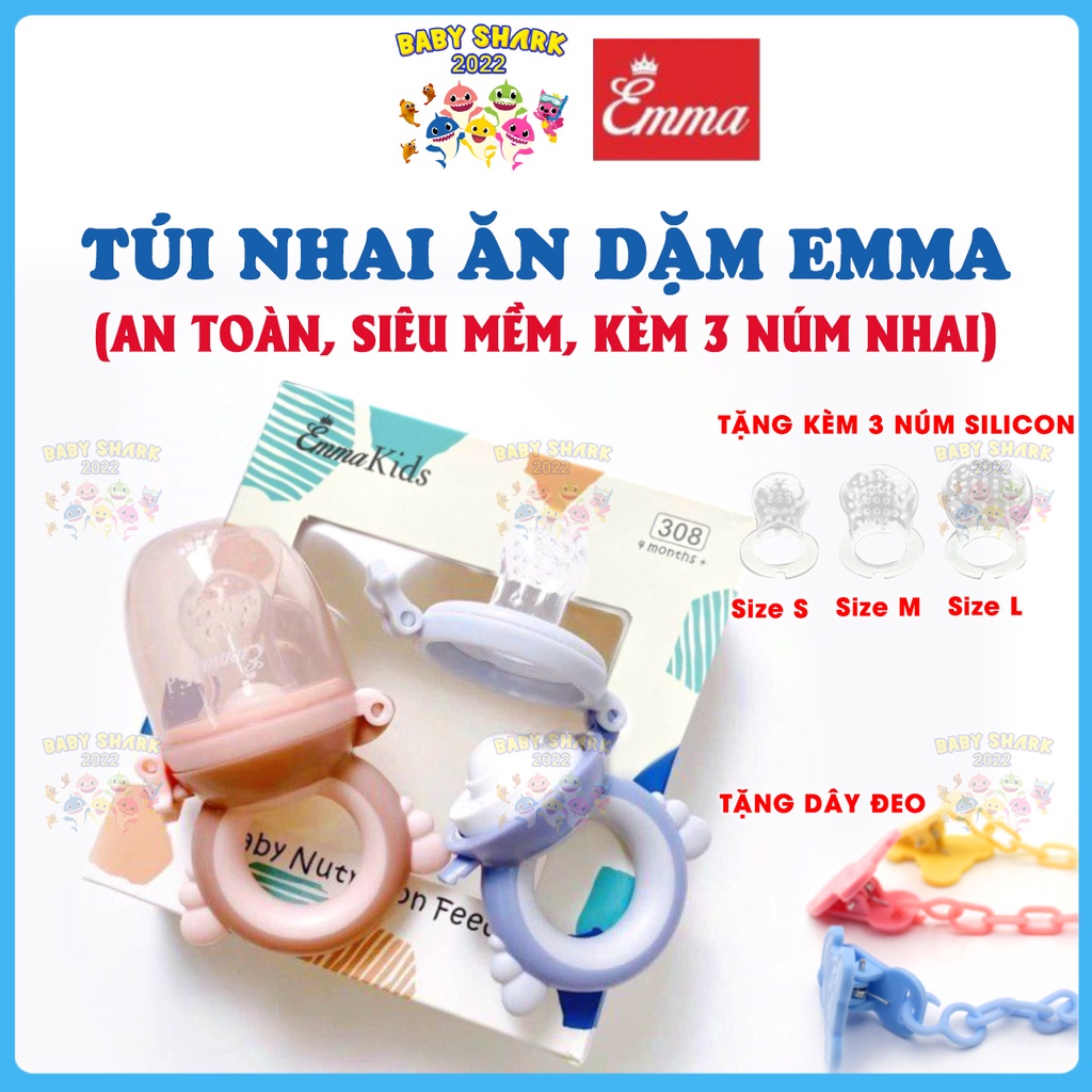 [Tặng dây đeo] Túi nhai ăn dặm cho bé Emma Kids bằng silicon cao cấp (Kèm 3 núm nhai)