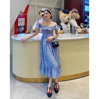 𝐉𝐨𝐥𝐢𝐞 𝐃𝐫𝐞𝐬𝐬 - Đầm midi caro xanh cổ bèo