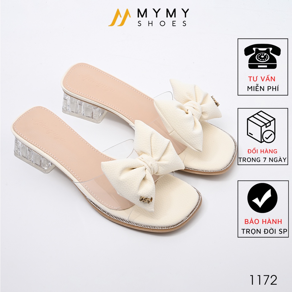 Dép nữ Mymy shoes da sần mũi vuông thời trang, sandal nữ viền đá quai trong gắn nơ da - 1172