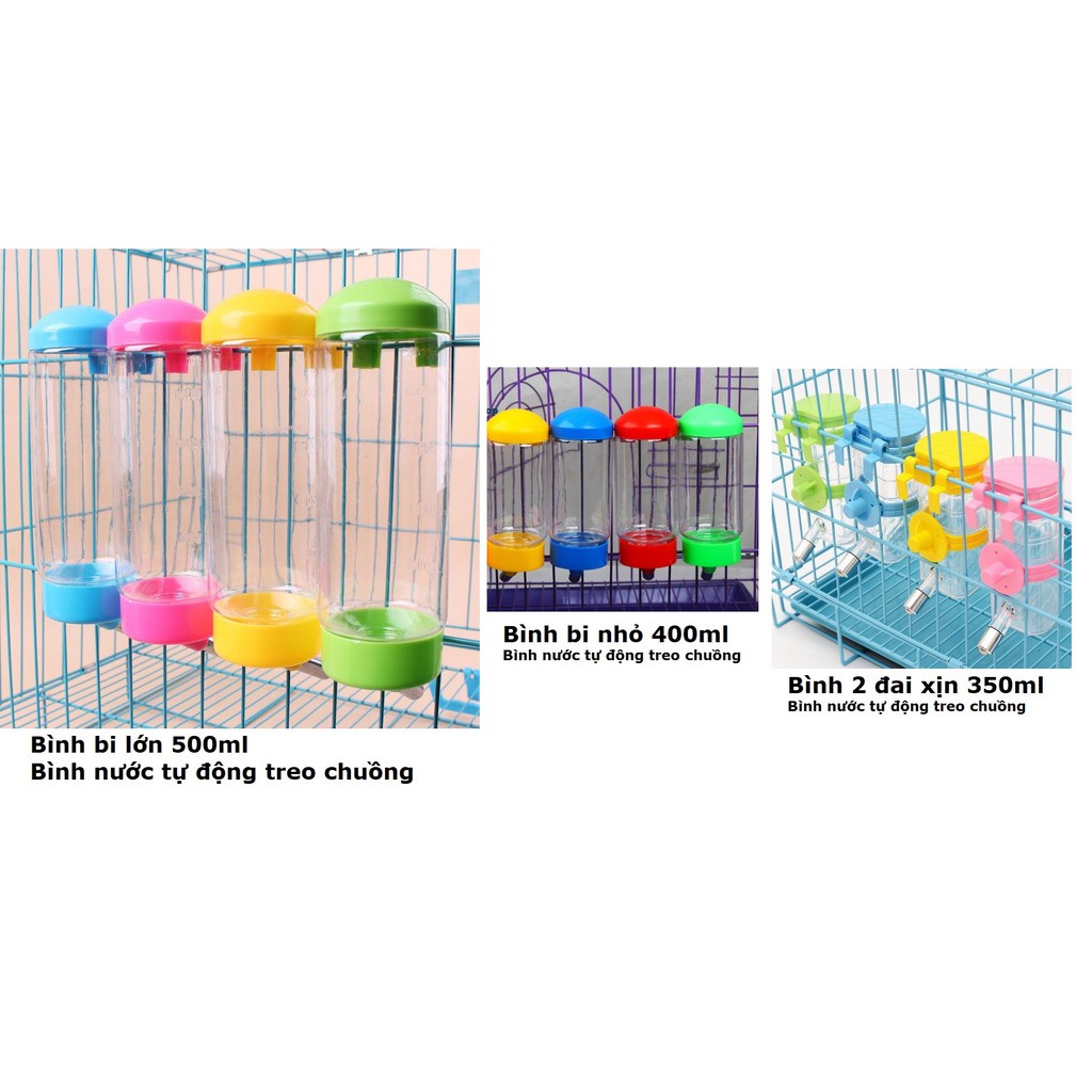 Bình uống nước tự động treo chuồng thú cưng (loại 350ml - 2 đai treo) màu ngẫu nhiên