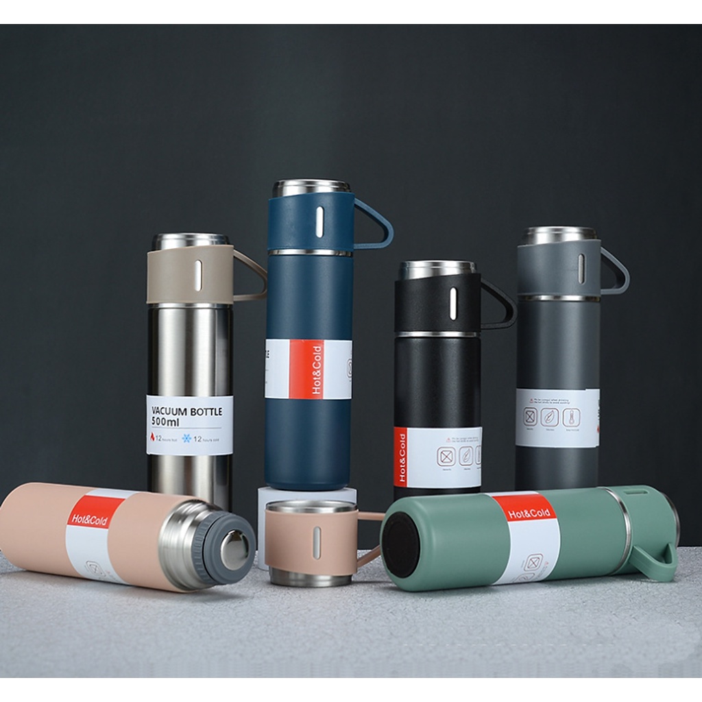 BỘ BÌNH GIỮ NHIỆT TẶNG KÈM 2 CỐC CÁCH NHIỆT INOX CỰC DỄ THƯƠNG - BÌNH INOX 500ML GIỮ NHIỆT CAO CẤP VACUUM FLASK