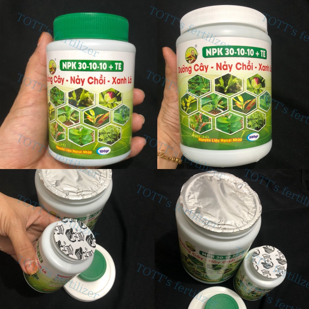 Phân bón lá NPK 30-10-10 +TE, TOTTs fertilizer, nảy chồi, ra lá, gói 25g, hũ 100gr, hũ 500g