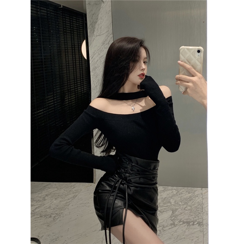 Áo dệt kim tay dài hở vai thời trang cho nữ